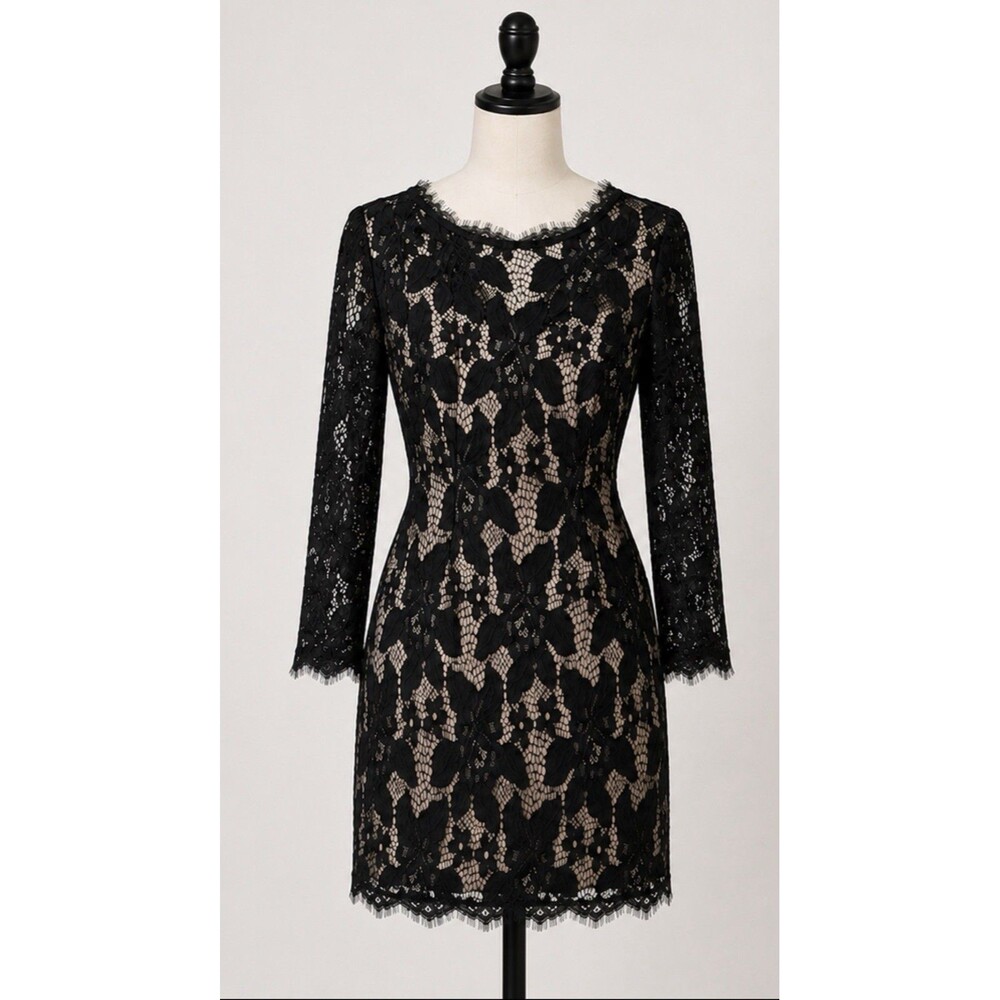 Adrianna Papell Lace Dress 2P Black Nude Sheath Long Sleeve Cocktail Evening